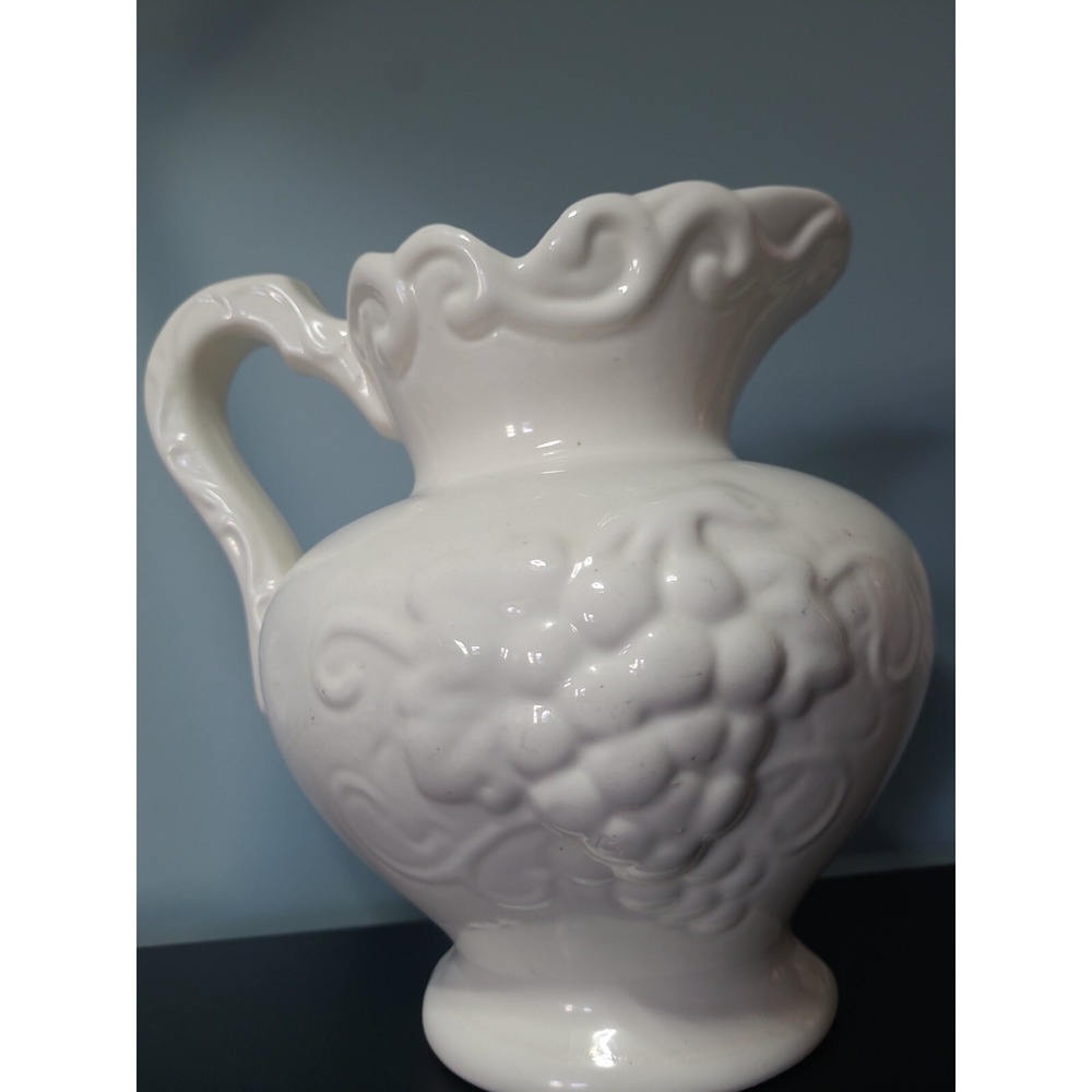 Antique California Pottery USA Wash Pitcher Grape White Pitcher 9.75 in tall
